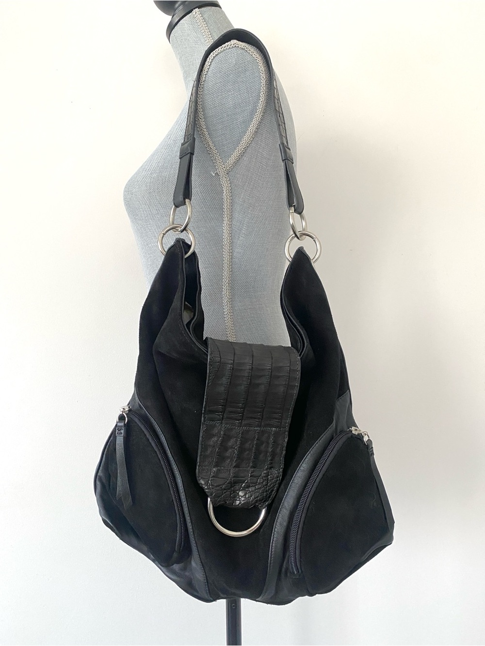 Chi by Falchi Black Suede Hobo Bag Croc Leather Accents Slouchy Quality Chic